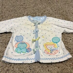 First Impressions Vintage White Cardigan with Blue Stars & Embroidered Animals